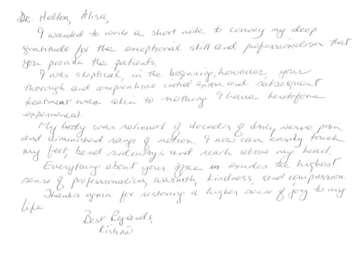 Scanned copy of a hand written testimonial.